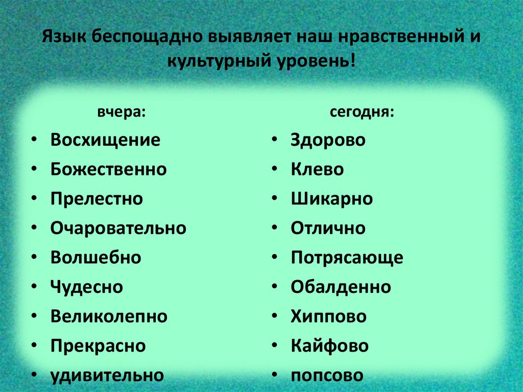 Язык беспощадно выявляет наш нравственный и культурный уровень!
