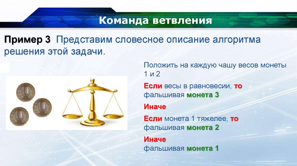 Словесное описание задачи. Словесное описание ветвления. Задача про фальшивые монеты и весы. Три монеты одна из них фальшивая алгоритм. Задача с весами и монетами.