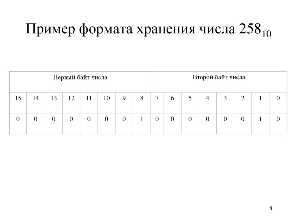 Примером хранения числовой информации. Форматы представления чисел в ЭВМ. Форматы хранения чисел в ЭВМ.. Представление чисел в ЭВМ. Примеры.. Формат образец.