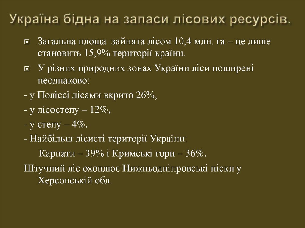 Україна бідна на запаси лісових ресурсів.
