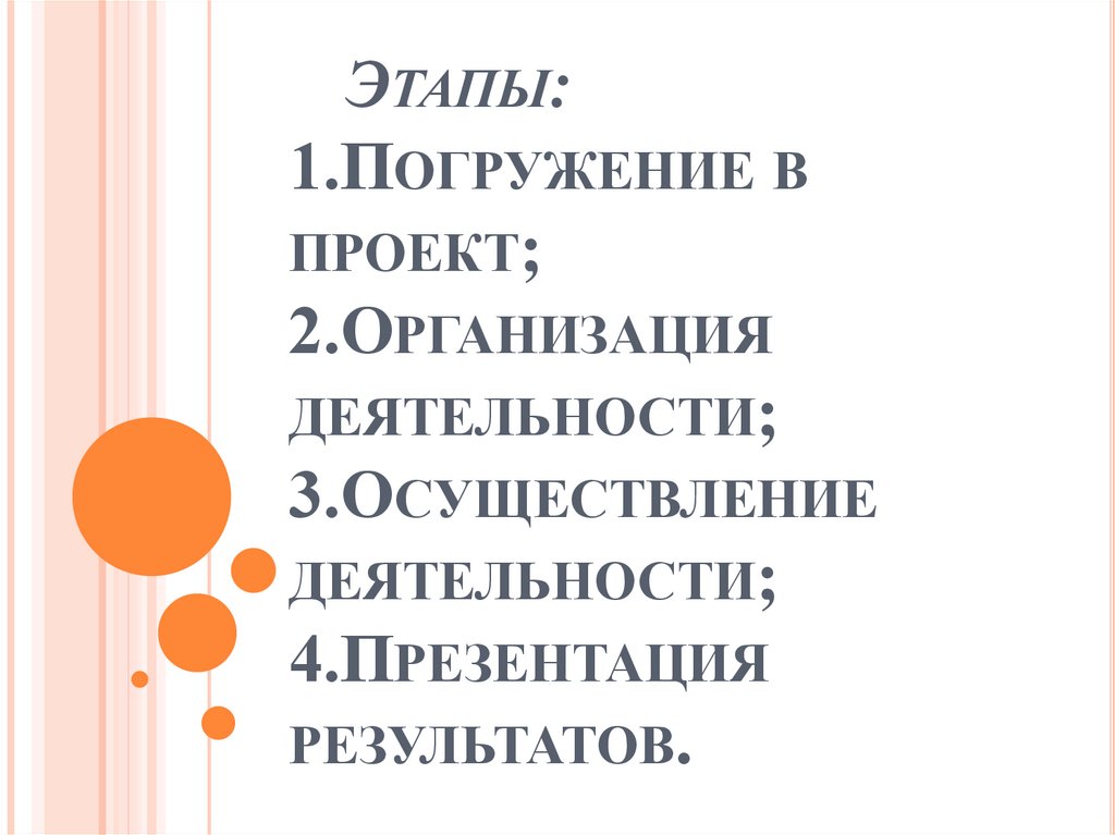 Этапы: 1.Погружение в проект; 2.Организация деятельности; 3.Осуществление деятельности; 4.Презентация результатов.