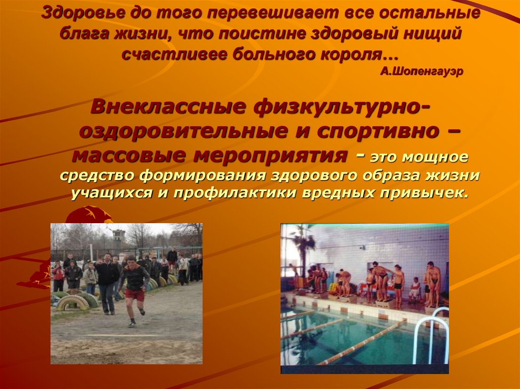 Здоровье до того перевешивает все остальные блага жизни, что поистине здоровый нищий счастливее больного короля… А.Шопенгауэр