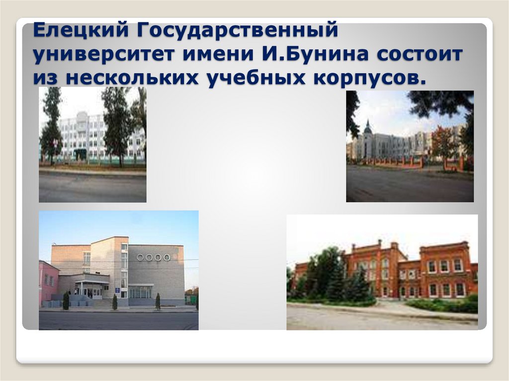 Елецкий Государственный университет имени И.Бунина состоит из нескольких учебных корпусов.