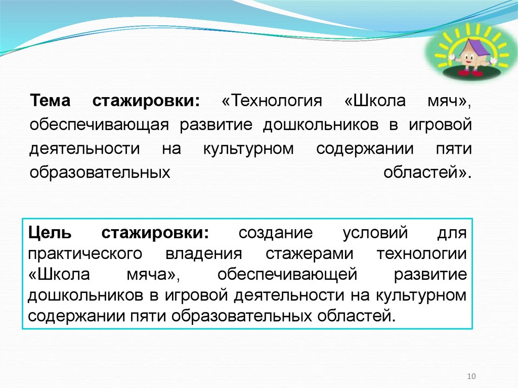 Тема стажировки: «Технология «Школа мяч», обеспечивающая развитие дошкольников в игровой деятельности на культурном содержании