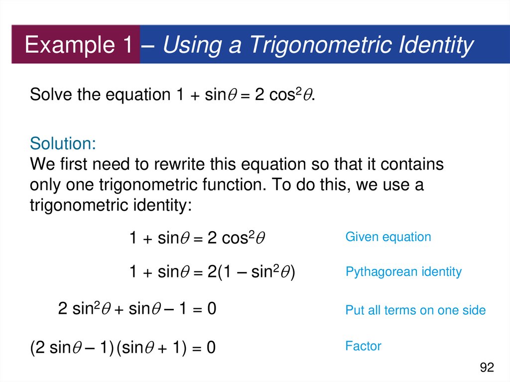 Example 1 – Using a Trigonometric Identity