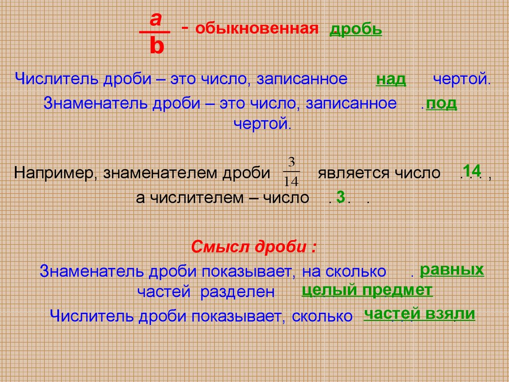 На дне сколько частей. Числителем дроби является число. Знаменателем дроби является число. Знаменатель дроби. Что показывает числитель дроби.