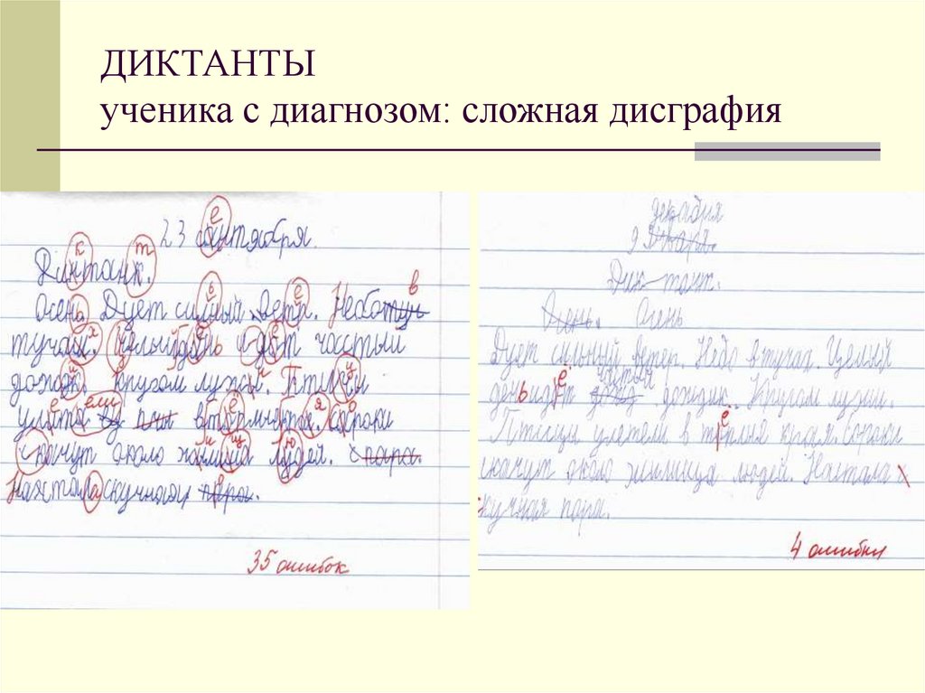 ДИКТАНТЫ ученика с диагнозом: сложная дисграфия