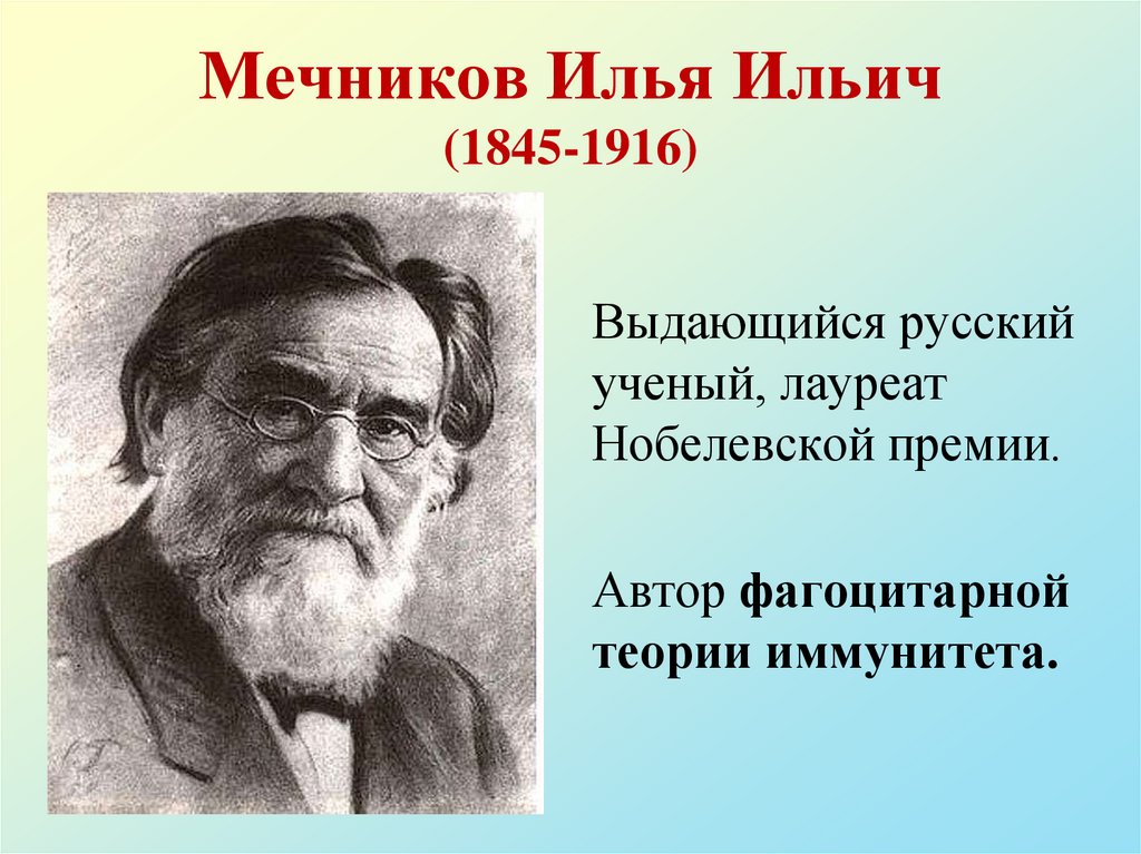 Открытие советских ученых в области медицины. Ильи Ильича Мечникова (1845—1916).