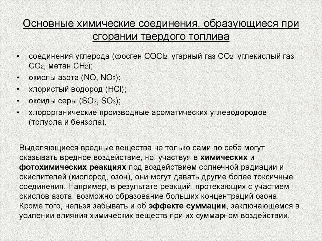 Основные химические соединения, образующиеся при сгорании твердого топлива