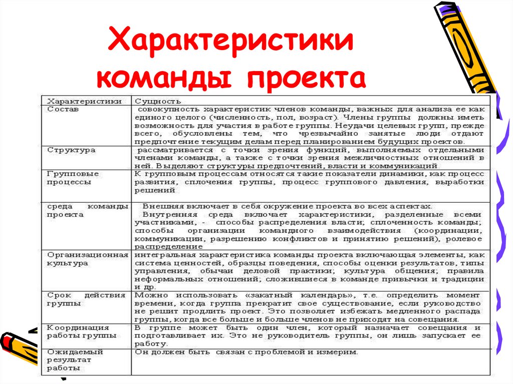 Основные характеристики команды проекта