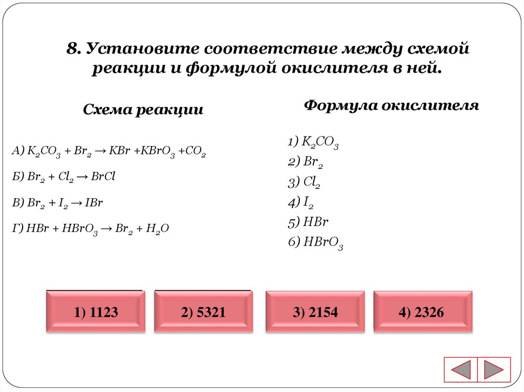 Установите соответствие между схемой реакции и веществом окислителем участвующим в данной реакции