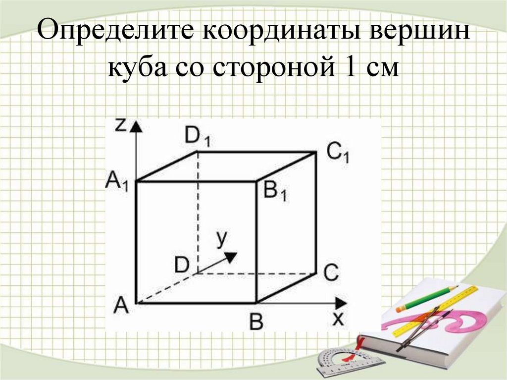 Определите координаты вершин куба со стороной 1 см