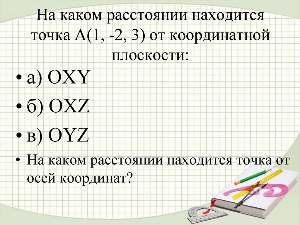 На каком расстоянии находится точка А(1, -2, 3) от координатной плоскости: