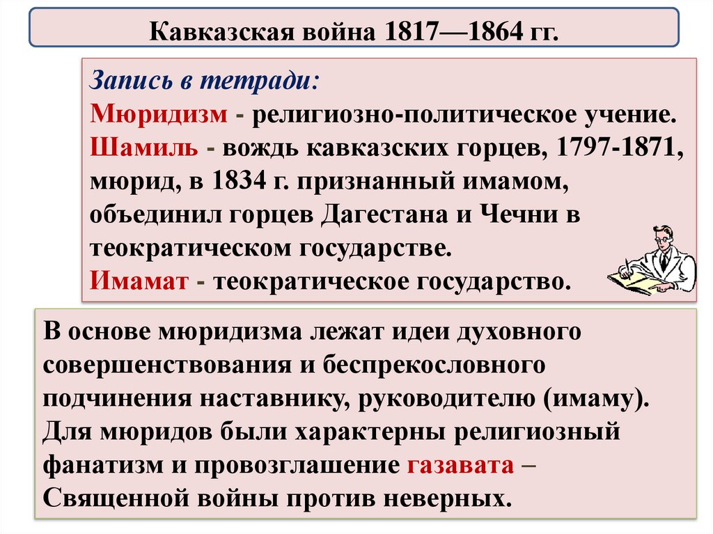 Что такое мюридизм. Какие особенности имела Кавказская война что такое Мюридизм.