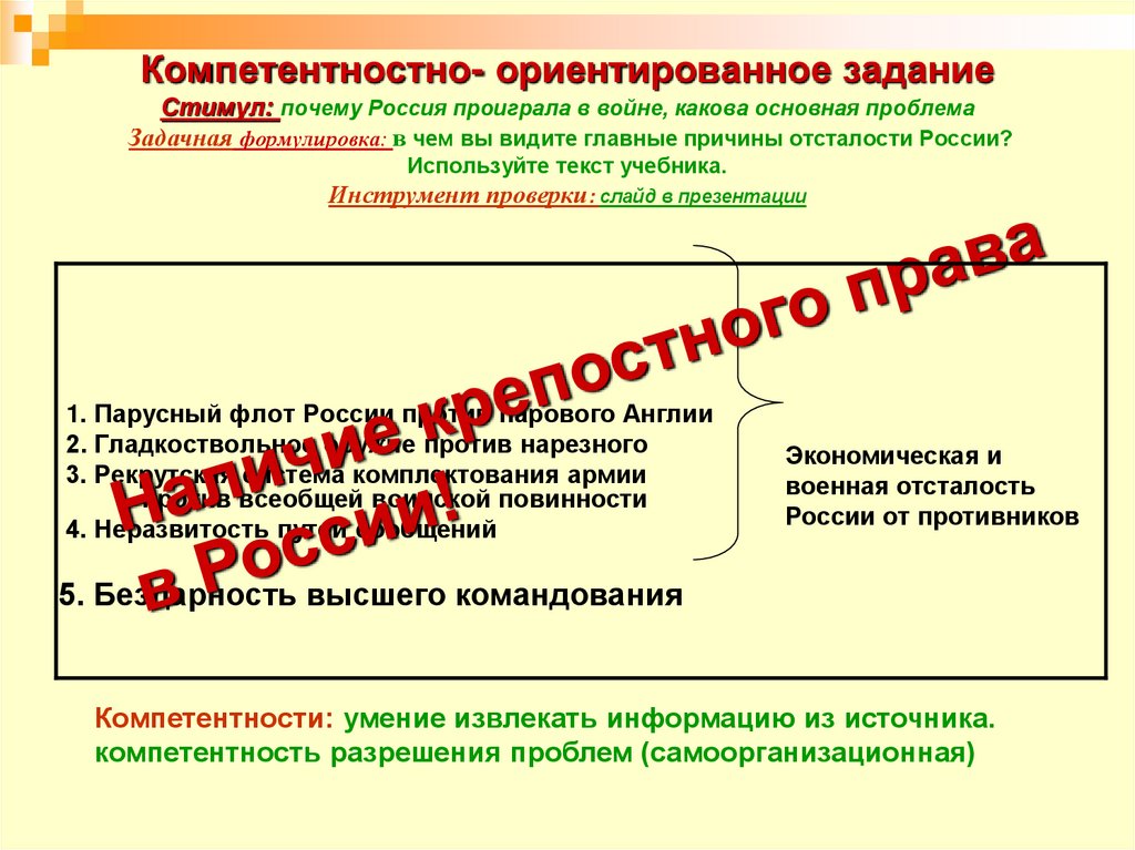 Компетентностно- ориентированное задание Стимул: почему Россия проиграла в войне, какова основная проблема Задачная