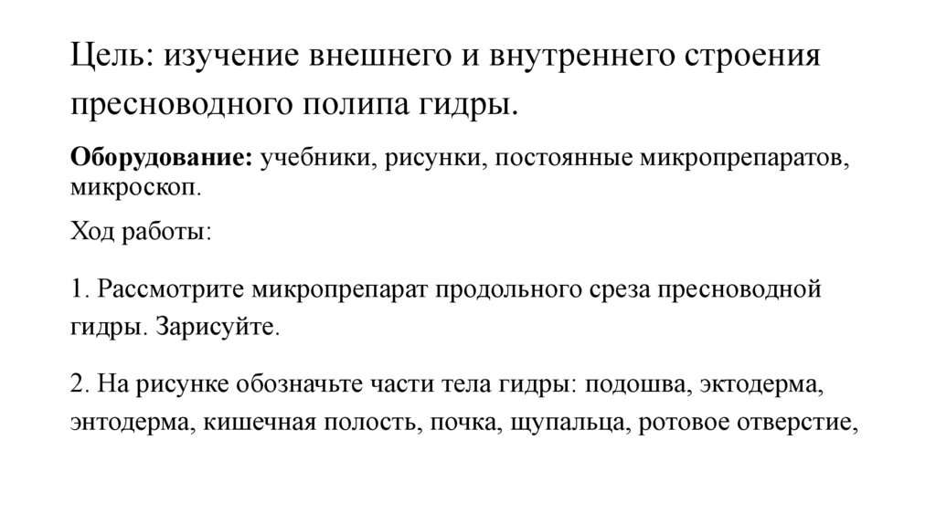 Цель: изучение внешнего и внутреннего строения пресноводного полипа гидры.