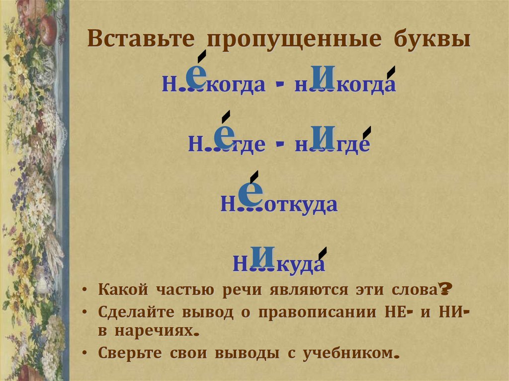 Буква пропущенная буква снами. Буквы е и и в приставках не и ни отрицательных наречий. Буквы е и в отрицательных наречиях. Буквы е и в приставках не и ни отрицательных наречий 7. Буквы е и и в приставках не и ни отрицательных наречий таблица.