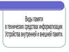 Виды памяти в технических средствах информатизации. Устройства внутренней и внешней памяти